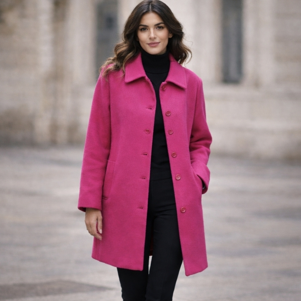 Vtg Levine Classics 100% Wool Coat Pink Magenta Long Button Up Overcoat Sz 16